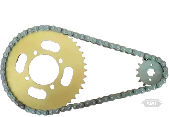 8-39 shows a component assembly of powder metallurgy sprockets and covers with chains and guide plates.png